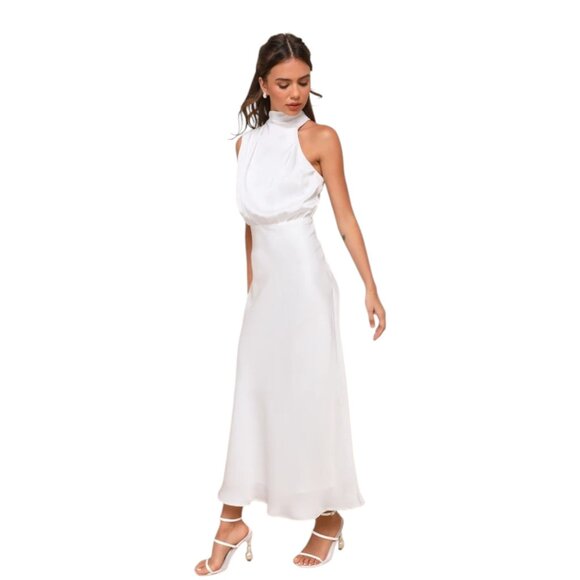 Lulus White Satin Mock Neck Midi Dress NWT Size Large White Cocktail Dress - Picture 1 of 12